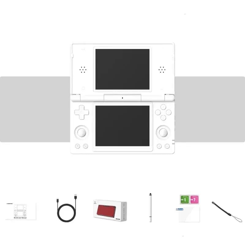Anbernic RG DS Blanc - Console rétro pliable blanche, double écran, croix directionnelle, boutons A B X Y, haut-parleurs frontaux, stylet et accessoires