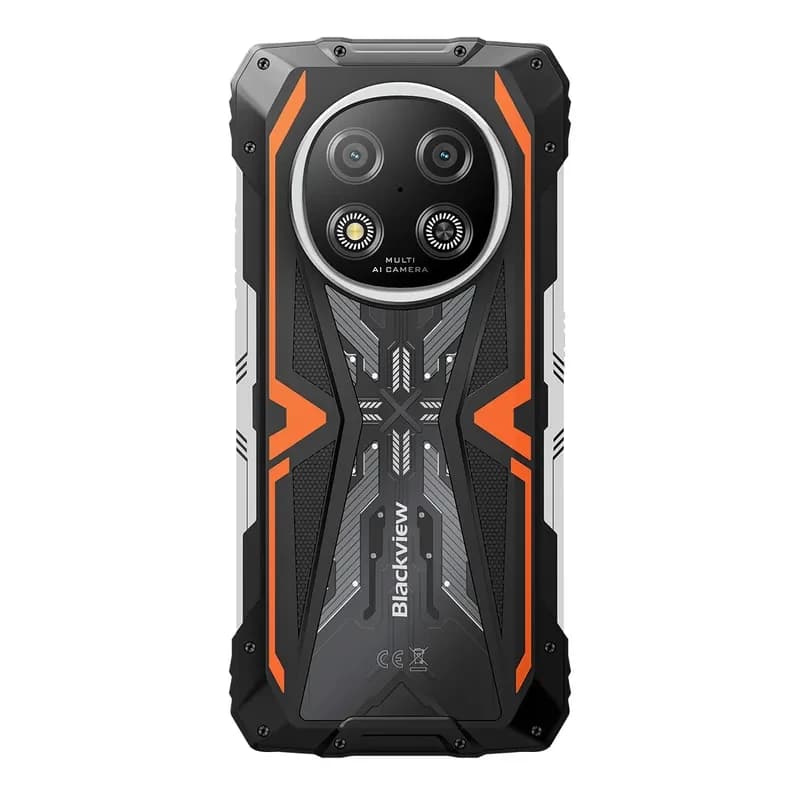 Dos robuste Blackview Rock 2 5G orange et noir, coque antichoc avec accents métalliques, module photo circulaire double capteur et flashs LED symétriques