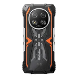 Dos robuste Blackview Rock 2 5G orange et noir, coque antichoc avec accents métalliques, module photo circulaire double capteur et flashs LED symétriques