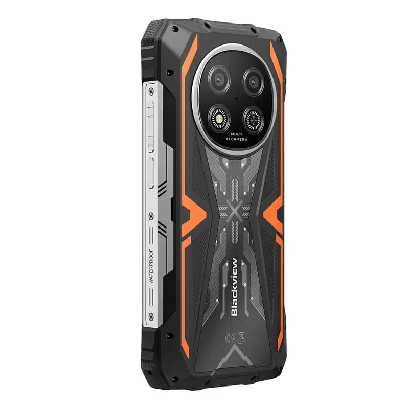 Smartphone robuste Blackview Rock 2 5G orange et noir, châssis renforcé, dos texturé, module photo circulaire 16 MP, boutons latéraux métalliques, 256 Go,