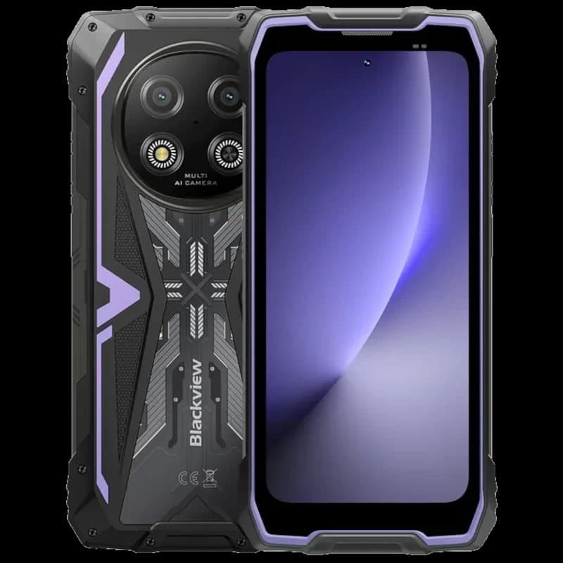 Blackview Rock 2 5G lilás, design robusto com detalhes roxos, corpo reforçado, módulo de câmera dupla traseira e ecrã de 6,67 polegadas quase sem molduras