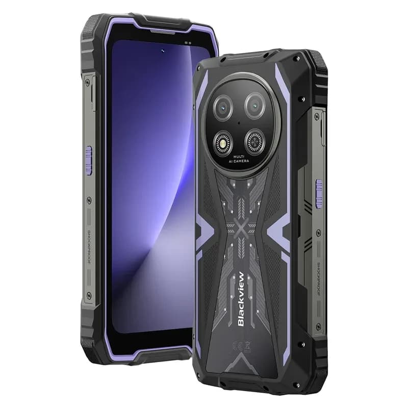 Blackview Rock 2 5G lilás, corpo robusto com cantos reforçados, ecrã 6,67, módulo traseiro triplo circular, detalhes em roxo e preto, 12 GB RAM, 256 GB