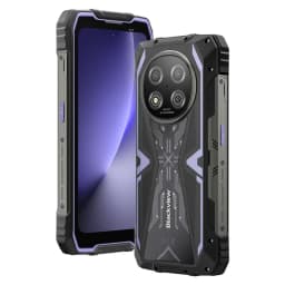 Blackview Rock 2 5G lilás, corpo robusto com cantos reforçados, ecrã 6,67, módulo traseiro triplo circular, detalhes em roxo e preto, 12 GB RAM, 256 GB