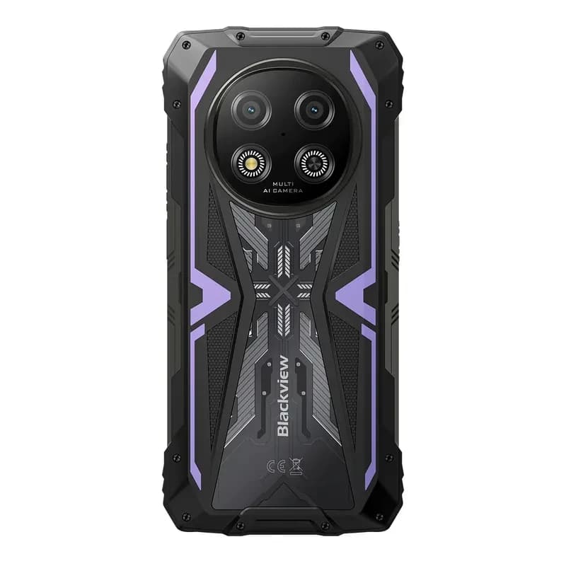 Blackview Rock 2 5G lilás robusto, traseira reforçada com detalhes roxos, módulo circular com dupla câmara e dois LEDs, textura industrial agressiva