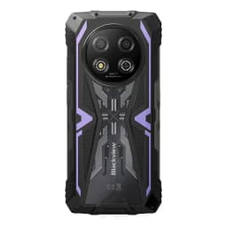 Blackview Rock 2 5G lilás robusto, traseira reforçada com detalhes roxos, módulo circular com dupla câmara e dois LEDs, textura industrial agressiva