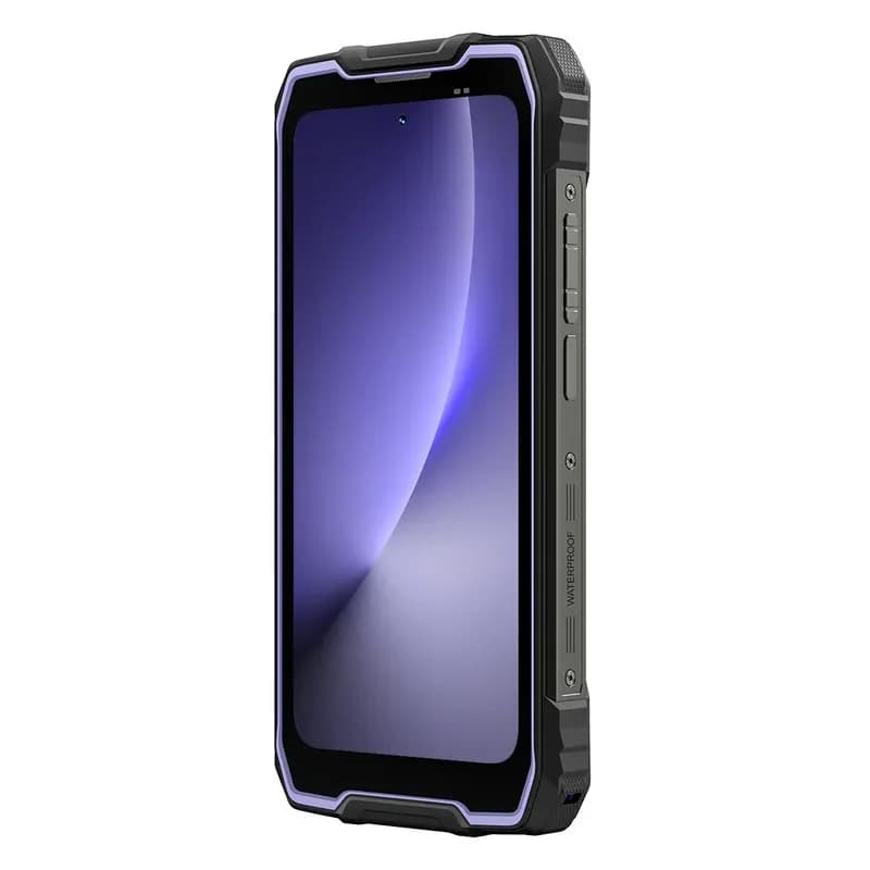 Blackview Rock 2 5G lilás robusto com moldura reforçada, ecrã 6,67 polegadas, bordas protegidas e botões laterais texturizados