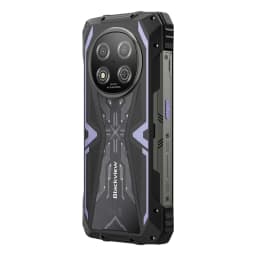 Blackview Rock 2 5G lilás robusto, tampa traseira reforçada com detalhes roxos, módulo de câmara dupla circular e laterais com botões e textura