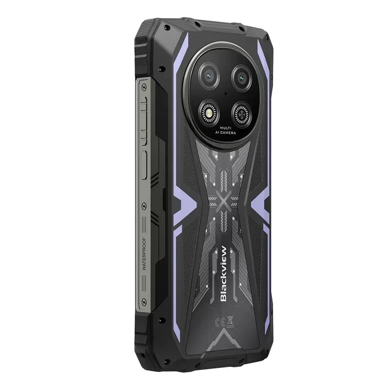 Blackview Rock 2 5G lilás, corpo robusto com cantos reforçados, traseira texturizada, módulo de câmara circular duplo com LEDs e detalhes em X futuristas