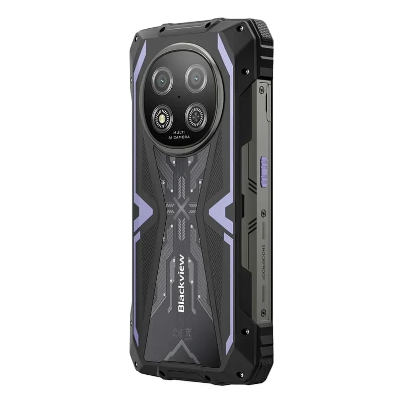 Coque robuste violette Blackview Rock 2 5G avec angles renforcés, dos texturé, module photo double circulaire et accents lumineux en V