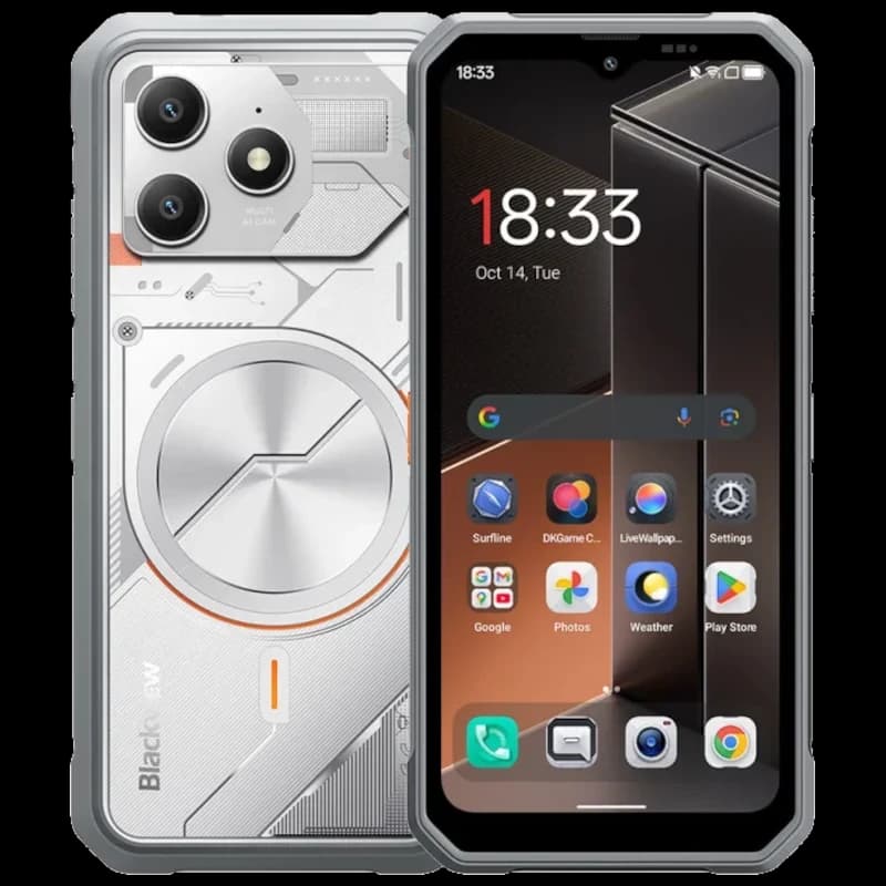 Blackview Fort 100 128GB blanco con diseño robusto, triple certificado, doble cámara trasera grande, pantalla con bordes reforzados y detalles metálicos