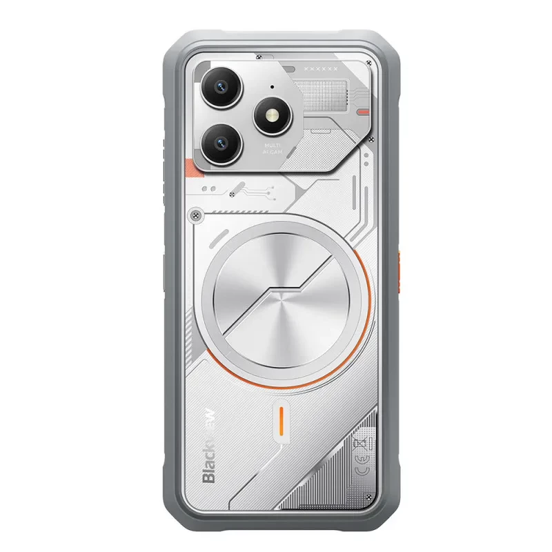 Smartphone Blackview Fort 100 blanc avec design robuste argenté, double capteur photo arrière proéminent, écran avant avec bordures renforcées et détails - Ítem2