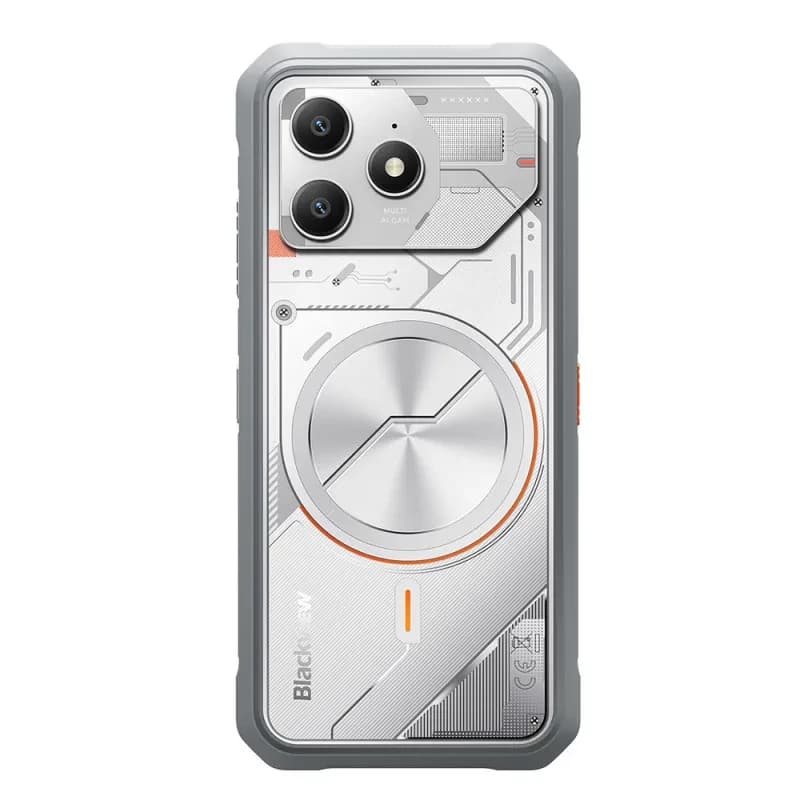 Blackview Fort 100 blanco con diseño robusto, triple cámara trasera, marco gris con detalles naranjas y tapa trasera metálica estilo industrial