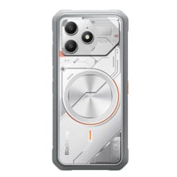Blackview Fort 100 blanco con diseño robusto, triple cámara trasera, marco gris con detalles naranjas y tapa trasera metálica estilo industrial