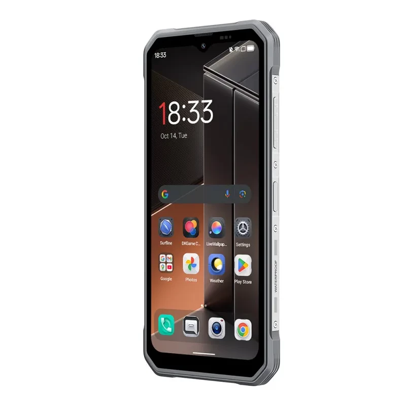 Smartphone Blackview Fort 100 blanc avec design robuste argenté, double capteur photo arrière proéminent, écran avant avec bordures renforcées et détails - Ítem3