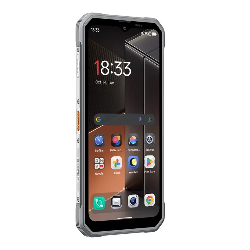 Smartphone Blackview Fort 100 blanc avec design robuste argenté, double capteur photo arrière proéminent, écran avant avec bordures renforcées et détails - Ítem4