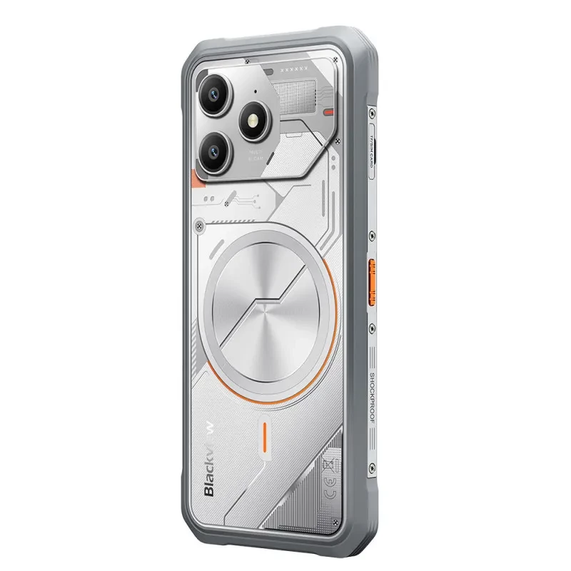 Smartphone Blackview Fort 100 blanc avec design robuste argenté, double capteur photo arrière proéminent, écran avant avec bordures renforcées et détails - Ítem5