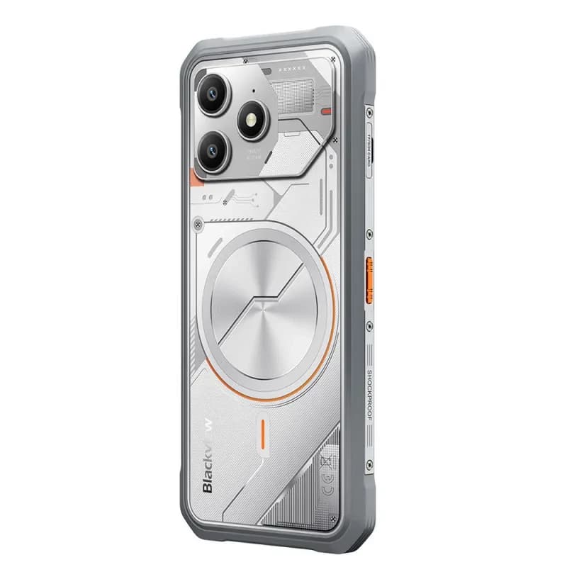 Carcasa blanca robusta con diseño industrial, triple módulo de cámara trasera, bordes reforzados y botón lateral naranja para Blackview Fort 100 128GB