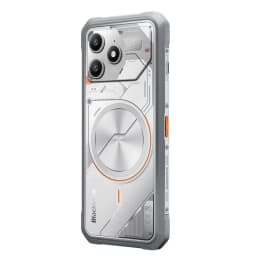 Carcasa blanca robusta con diseño industrial, triple módulo de cámara trasera, bordes reforzados y botón lateral naranja para Blackview Fort 100 128GB