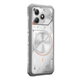 Blackview Fort 100 blanco con diseño robusto, triple cámara trasera, anillo central metálico, bordes reforzados y detalles naranjas. Acabado resistente.
