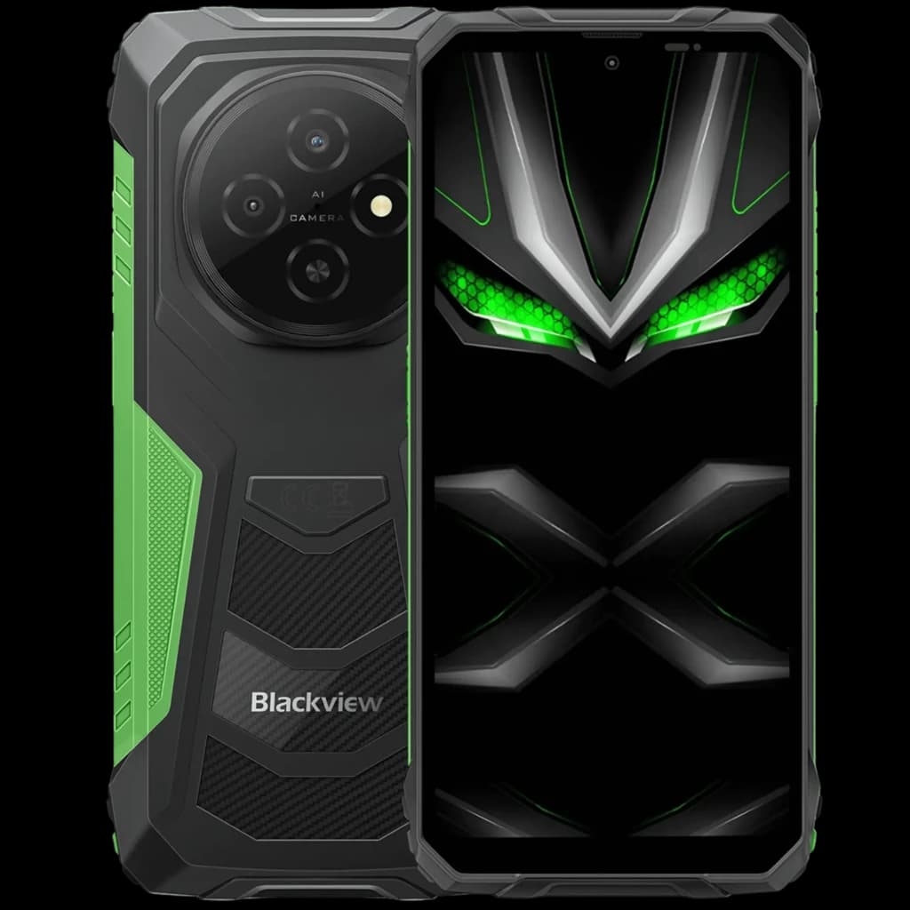 Blackview Fort 1 256GB verde robusto con carcasa rugerizada, triple cámara trasera, pantalla con detalles verdes, 6GB RAM y batería 10000 mAh