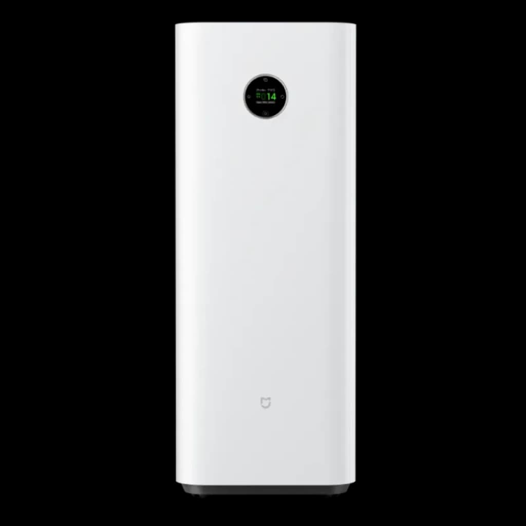 Mijia Smart Air Purifier Max con filtro doble, torre blanca minimalista con pantalla circular OLED frontal y base oscura; diseño vertical elegante