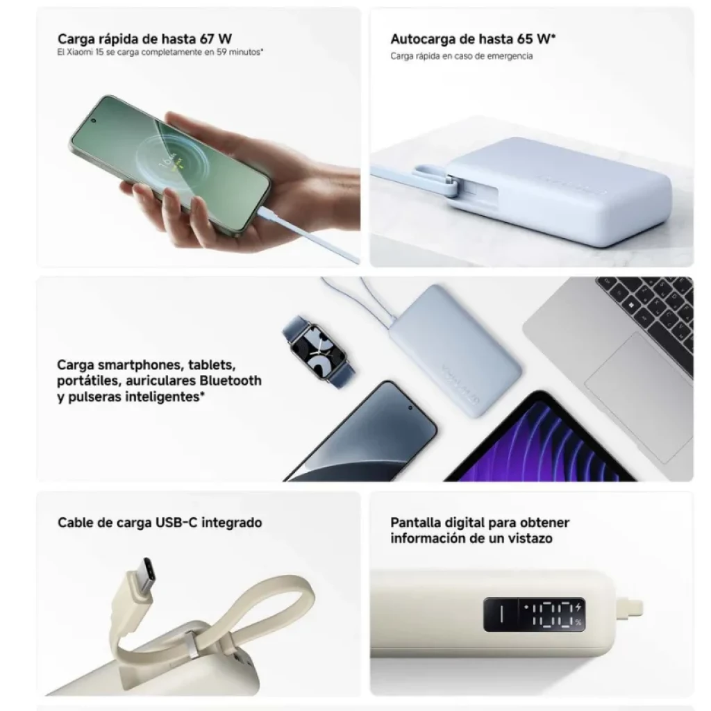 Xiaomi 67W Power Bank 10000 Beige con cable integrado, diseño compacto y minimalista, acabado mate, correa de transporte y marca 67W MAX en relieve - Ítem3