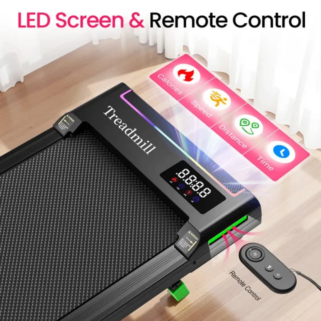 Akluer P03B avec télécommande - Tapis de course pliable avec écran LED, suivi calories vitesse distance temps, surface antidérapante, design compact