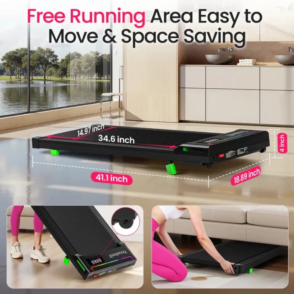 Akluer P03B avec télécommande - Tapis de course pliable ultrafin, roues vertes, écran LED, 41.1 x 18.89 in, surface 34.6 x 14.97 in, 4 in de hauteur