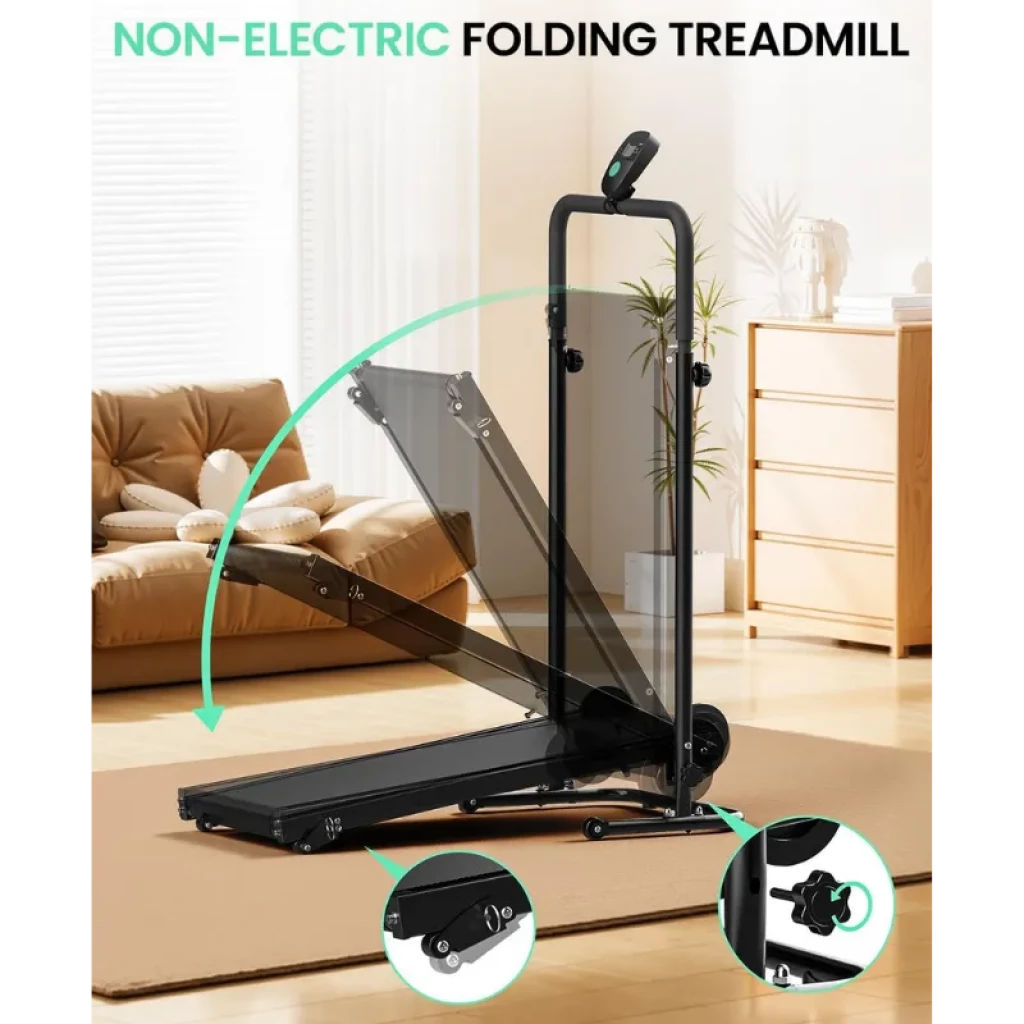 Akluer RJ401 cinta de correr plegable sin motor con inclinación 5%, barandales altos, pantalla frontal y base antideslizante con luz LED verde - Ítem1