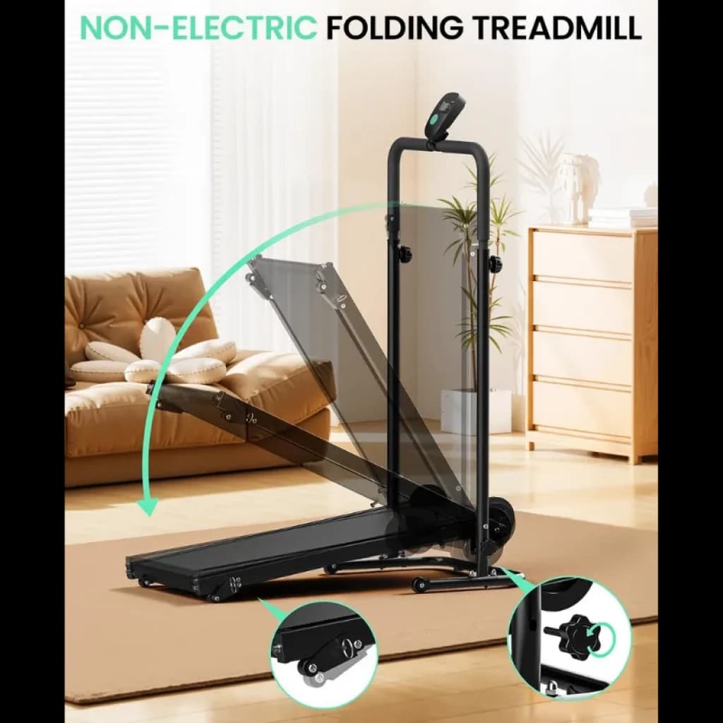Tapis de course pliable sans moteur Akluer RJ401, structure noire compacte, inclinaison de 5 %, écran supérieur et roulettes de transport pour un rangement facile