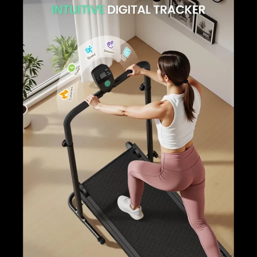 Tapis de course pliable sans moteur Akluer RJ401 avec inclinaison de 5 %, mains courantes stables et moniteur numérique affichant la cadence, les calories, la distance et la vitesse