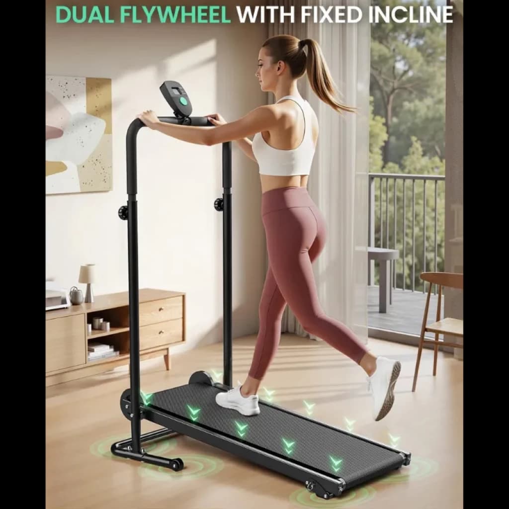 Tapis de course pliable Akluer RJ401 sans moteur, inclinaison fixe à 5 %, double volant, barres d'appui hautes, écran frontal et surface antidérapante compacte