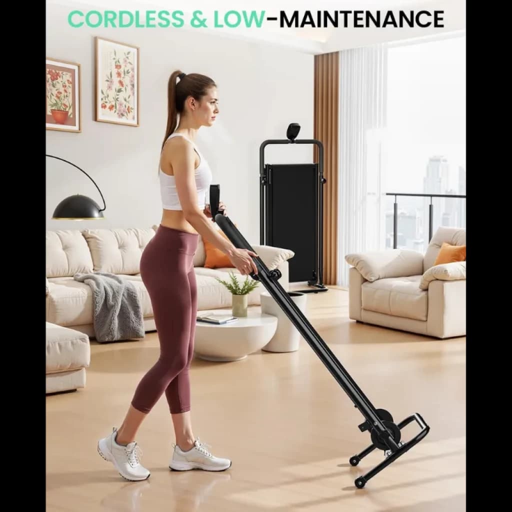 Tapis de course pliable sans moteur Akluer RJ401, inclinaison 5 %, conception compacte et silencieuse, structure noire avec poignée réglable pour une utilisation à domicile