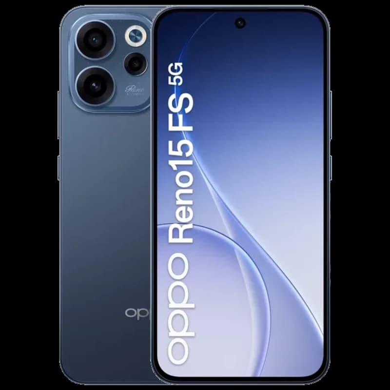 Oppo Reno15 FS 5G noir Twilight avec écran bord à bord, poinçon central, dos mat et triple module photo pro; design fin et élégant, logo Oppo vertical