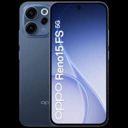 Oppo Reno15 FS 5G noir Twilight avec écran bord à bord, poinçon central, dos mat et triple module photo pro; design fin et élégant, logo Oppo vertical