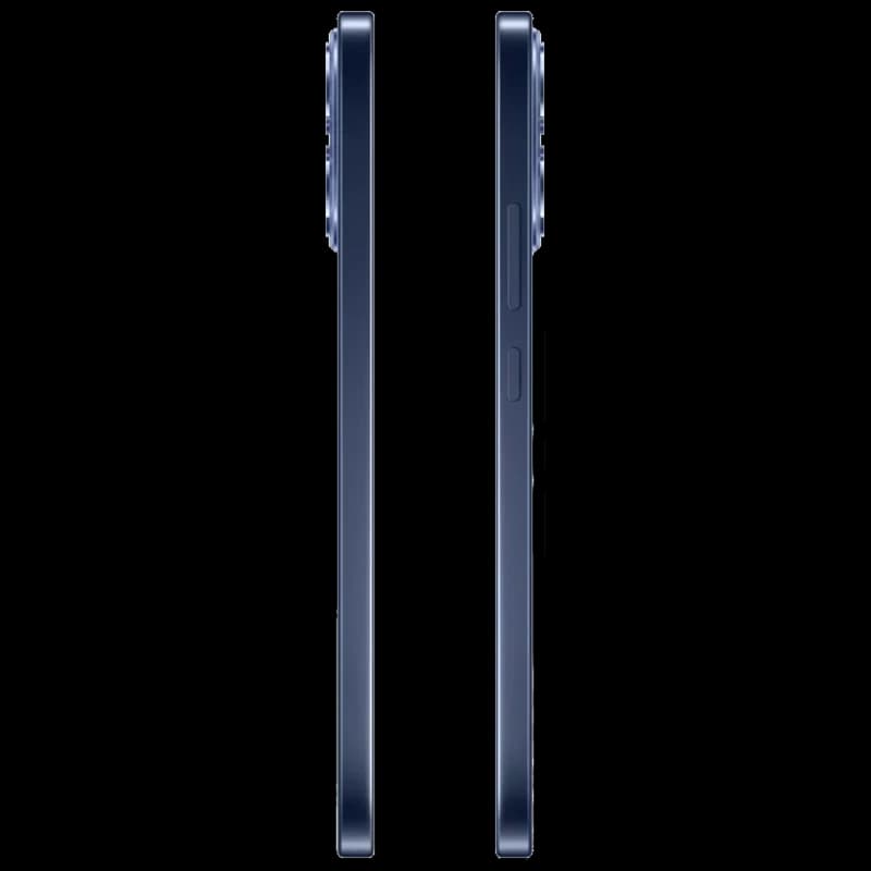 Profil latéral du Oppo Reno15 FS 5G Noir Twilight, cadre fin bleu foncé, module photo arrière proéminent avec anneaux métalliques, boutons latéraux