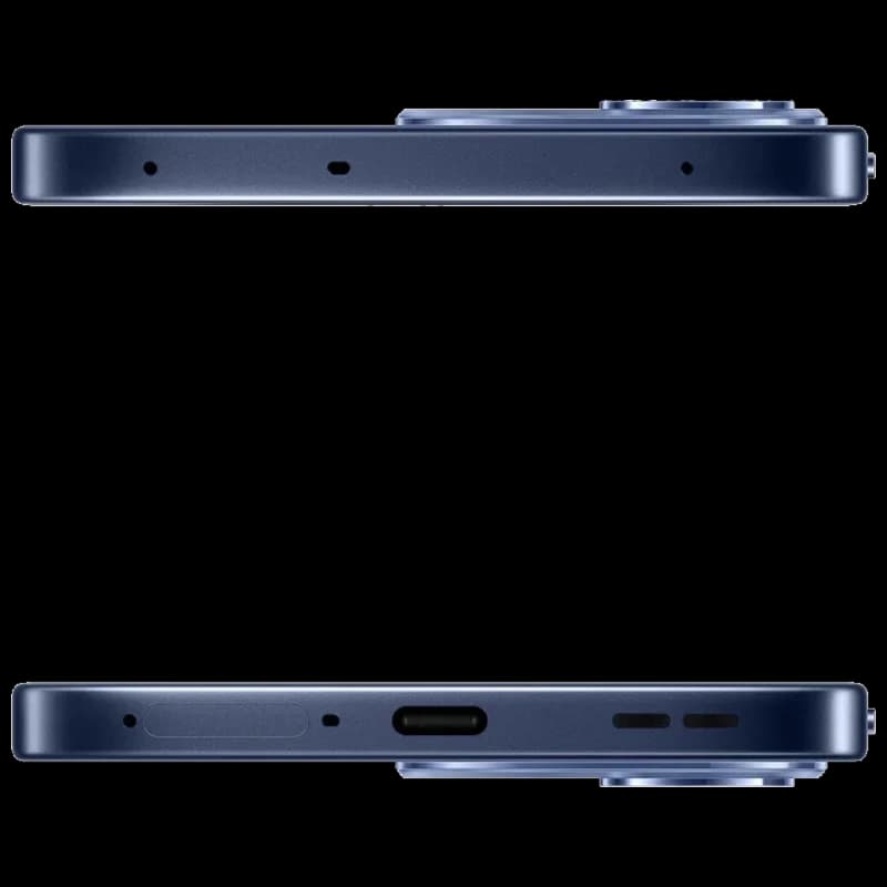 Bords supérieurs et inférieurs du Oppo Reno15 FS 5G Noir Twilight en métal bleu, module photo proéminent, port USB‑C, grille de haut‑parleur et micros