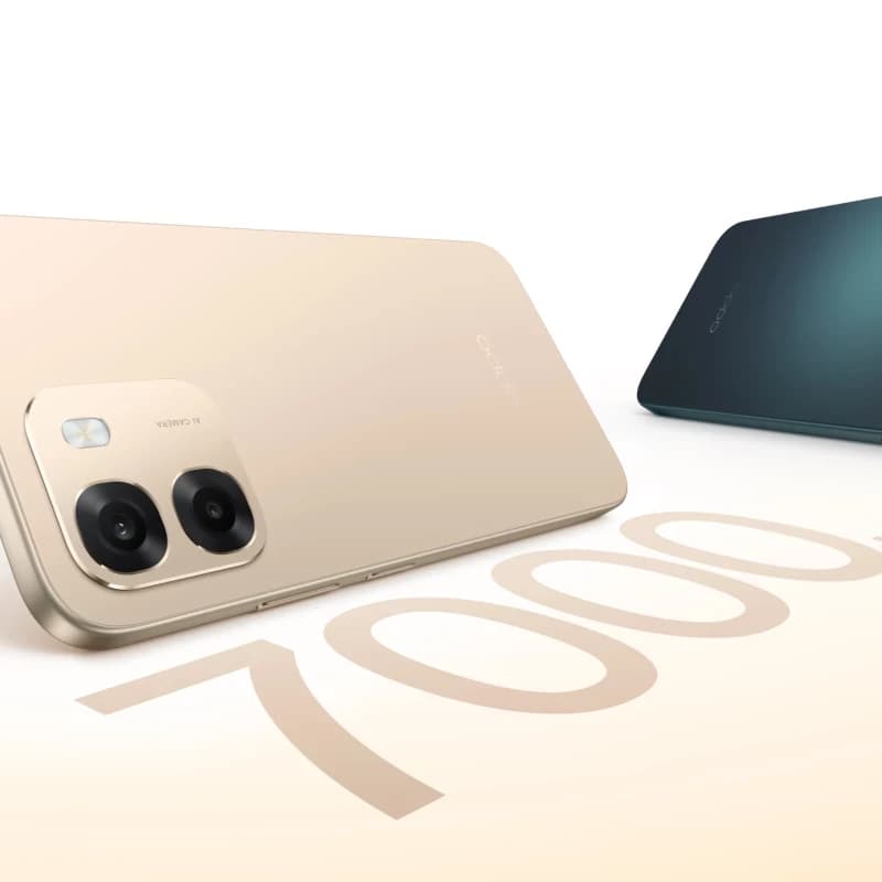 Oppo A6 bleu saphir avec double module photo proéminent et bords arrondis, design élégant. Écran AMOLED 6,57 pouces, batterie 7000 mAh, 256 Go, 6 Go RAM