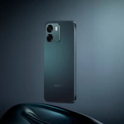 Oppo A6 bleu saphir au dos mat élégant, module photo double proéminent, bords plats, design minimaliste et raffiné éclairé par un fond dégradé