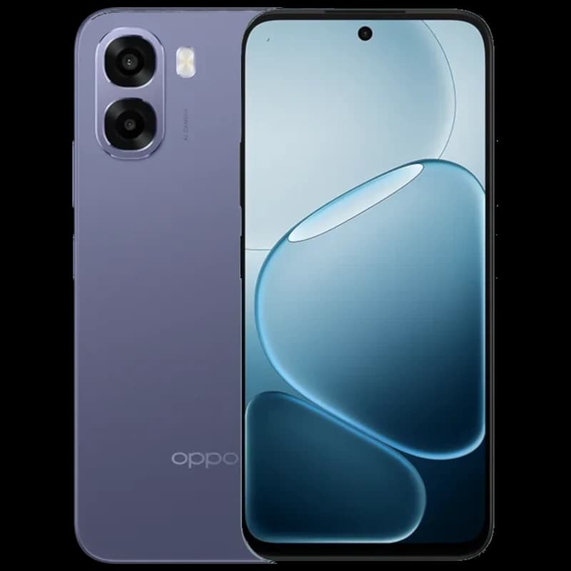 Oppo A6X 5G 128GB negro lila con pantalla 6.75 perforada, doble cámara trasera con flash, bordes curvos y frontal casi sin marcos, 4GB RAM, batería 6100 mAh
