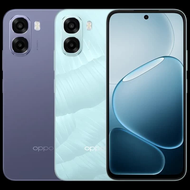 Oppo A6X 128GB en negro lila con pantalla de 6.75 pulgadas, diseño con doble cámara trasera y frontal en agujero, bordes curvos y acabado mate brillante