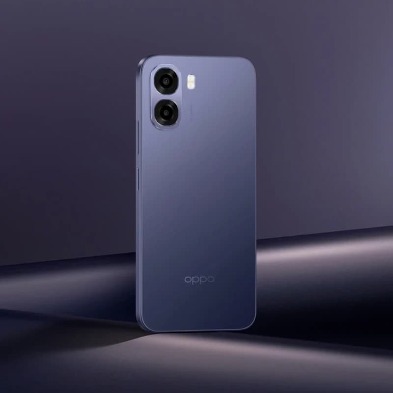 Oppo A6X 5G Negro Lila con trasera mate, doble cámara trasera en módulo vertical y flash LED, bordes curvos y diseño minimalista elegante