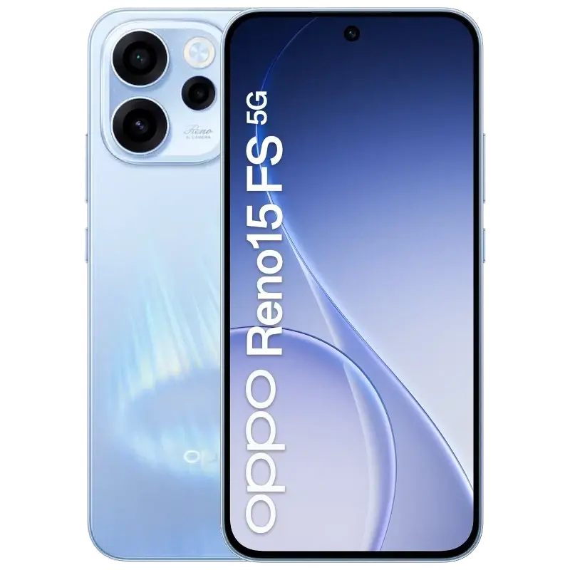 Oppo Reno15 FS 5G bleu Aurora, écran bord à bord avec poinçon central, dos nacré, triple module photo circulaire et marquage 5G vertical sur la façade