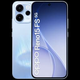 Oppo Reno15 FS 5G bleu Aurora, écran bord à bord avec poinçon central, dos nacré, triple module photo circulaire et marquage 5G vertical sur la façade