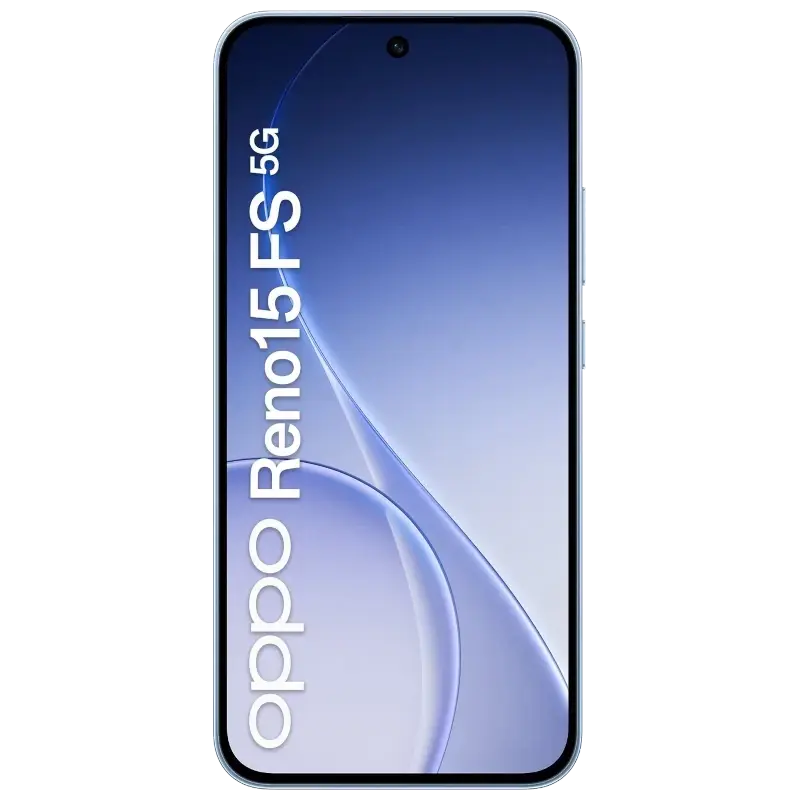 Oppo Reno15 FS 5G bleu Aurora avec écran bord à bord, poinçon central discret, typographie verticale élégante et dégradé bleu lumineux