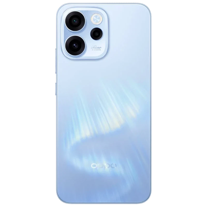 Oppo Reno15 FS 5G bleu Aurora, écran bord à bord avec poinçon central, dos nacré, triple module photo circulaire et marquage 5G vertical sur la façade - Ítem2