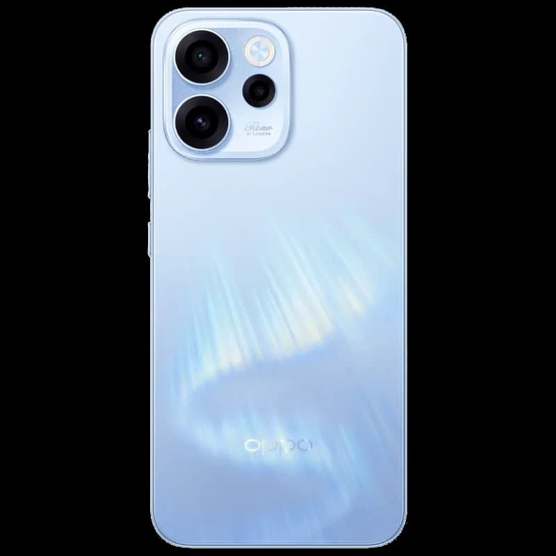 Oppo Reno15 FS 5G Bleu Aurora au dos irisé, module photo rectangulaire avec trois capteurs et anneau lumineux, finition lisse et élégante