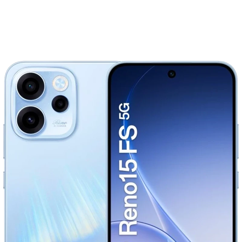 Oppo Reno15 FS 5G bleu Aurora, écran bord à bord avec poinçon central, dos nacré, triple module photo circulaire et marquage 5G vertical sur la façade - Ítem3