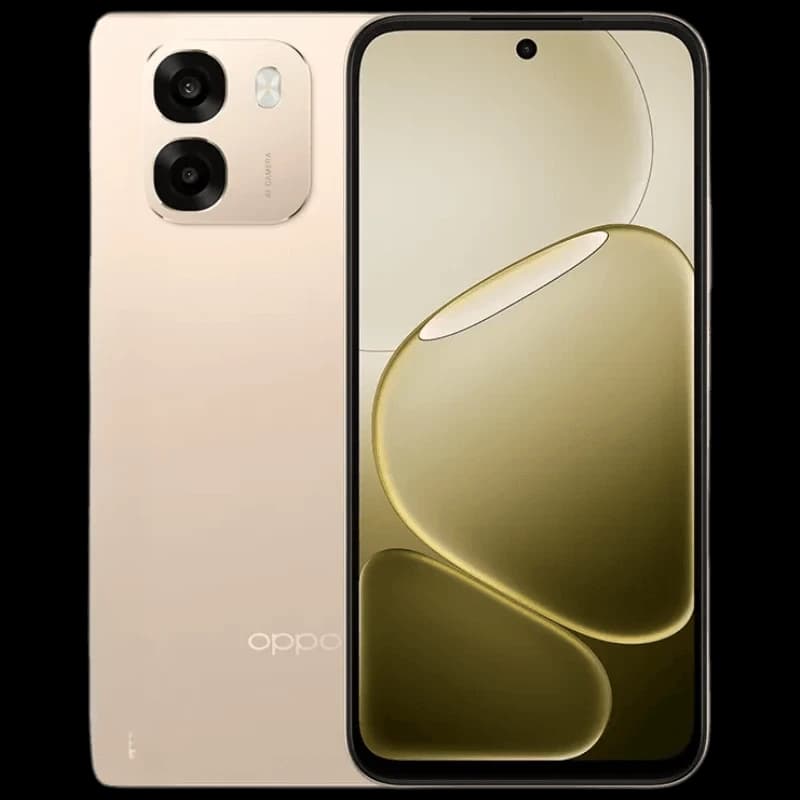 Oppo A6 256 Go Aurora Doré avec écran bord à bord perforé, dos doré mat, module photo double proéminent et finition élégante