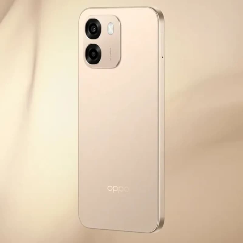 Oppo A6 256 Go Aurora Doré avec dos doré mat, bords plats, module photo double proéminent et flash LED, design épuré et élégant, capteur 50 MPx visible